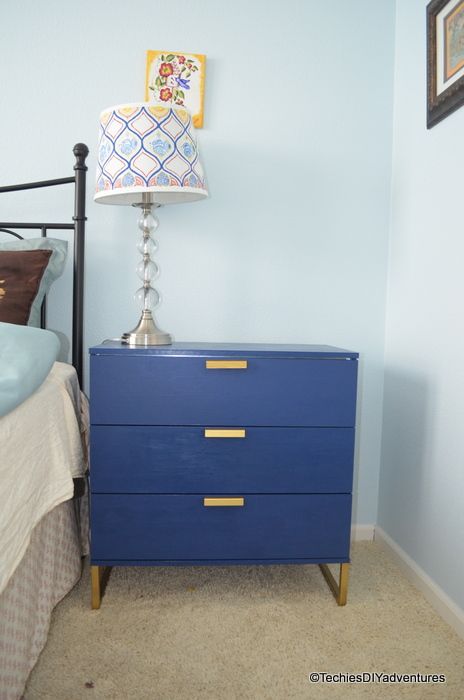 Blue dresser makeover and turned into a nighstand with copper accents