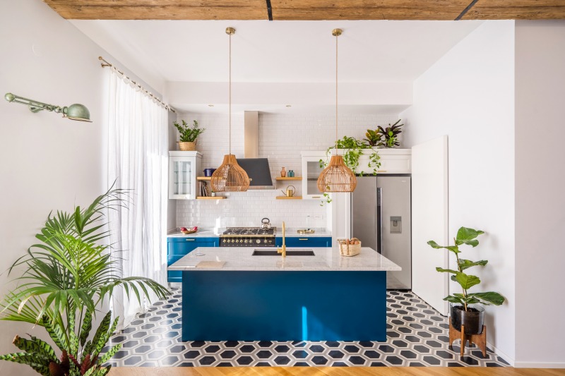 Kitchen with Geometric and colorful cabinets