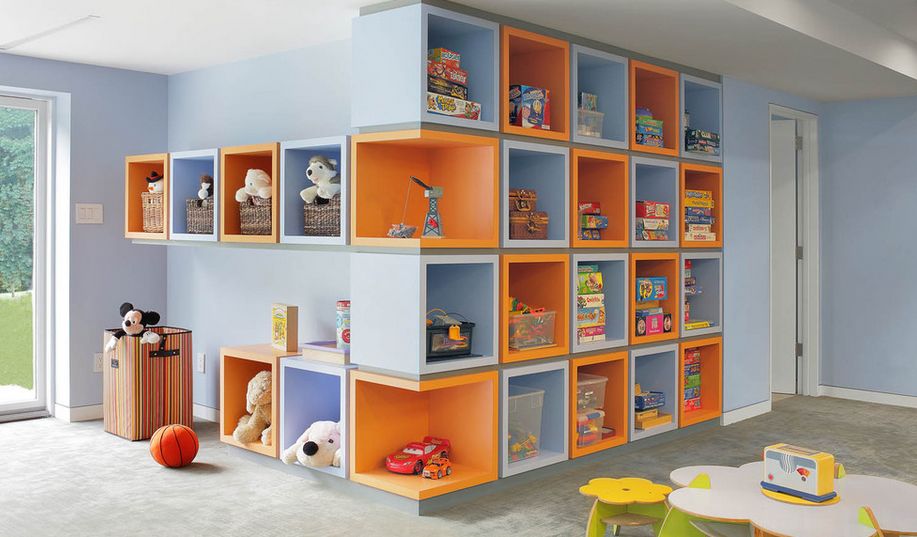 Boxed playroom storage corners