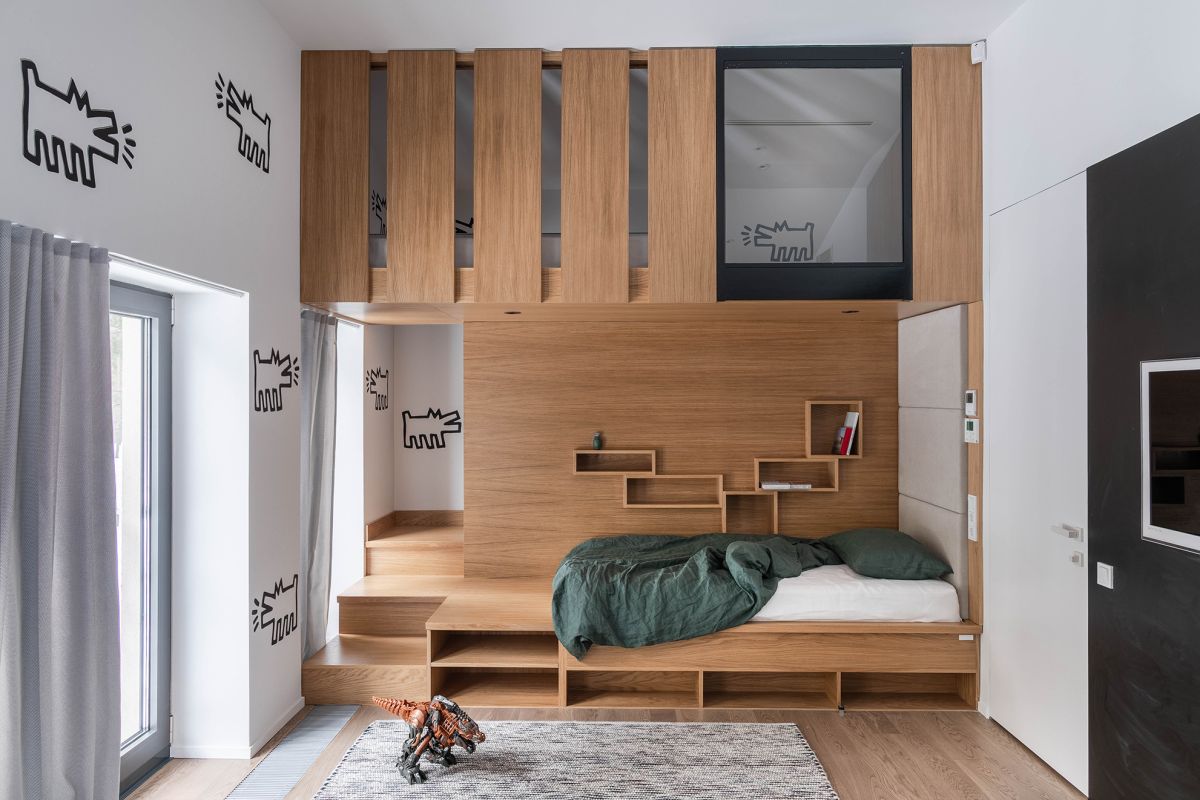 Boys room with loft bed and wood accents