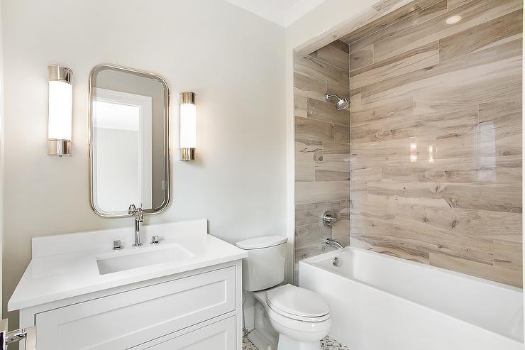 Bright bathroom light wood shower tile