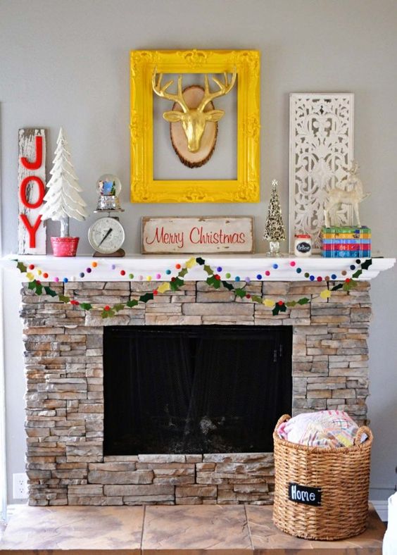 Bright colored christmas mantel