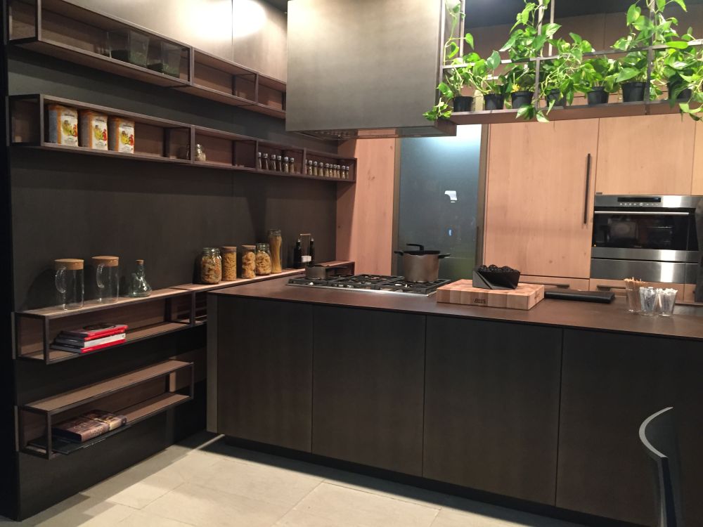 Brown kitchen cabinets with wire shelfs