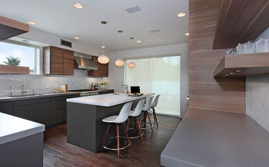 Brown wood kitchen design with plastic molded bar stools