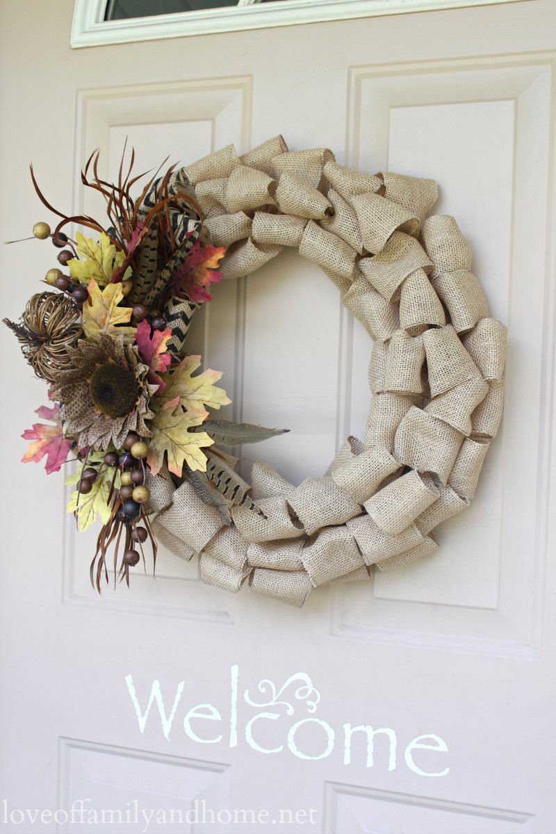 Burlap fall wreath on front door