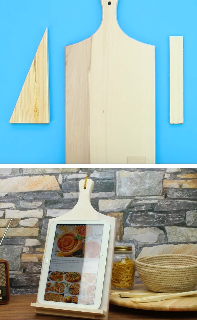 Butcher block into ipad stand for kitchen countertop