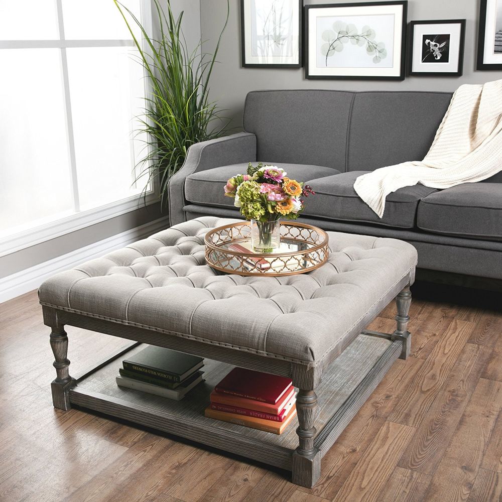 Button Tufted Linen Ottoman for Coffee Table