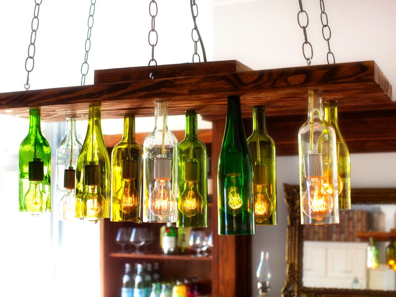 Chandelier from wine bottles