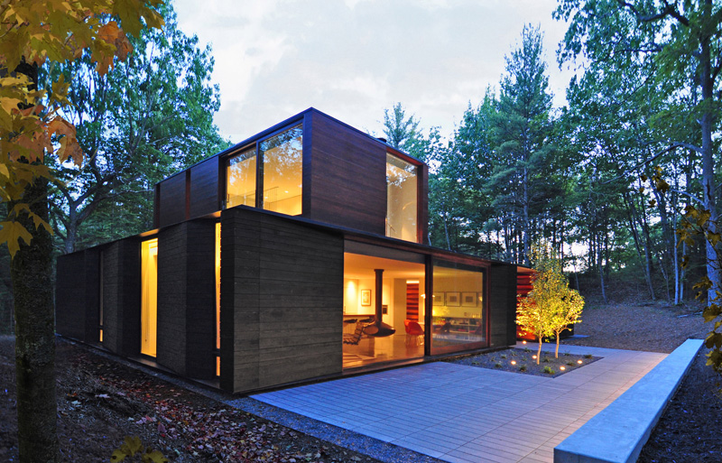 Charred cedar house with a green roof side view