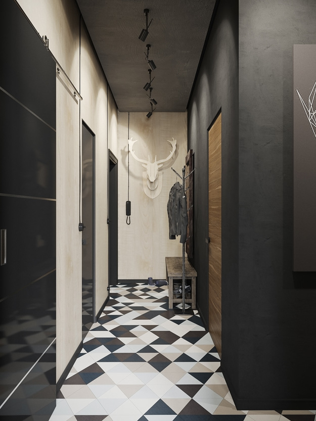 Chevron gemetric foyer floor design - conceptual apartment - dark and industrial