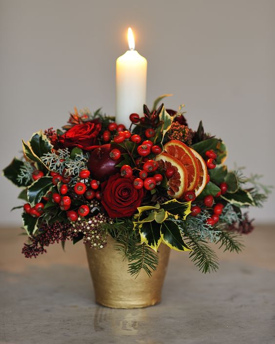 Christmas Candle with Flowers