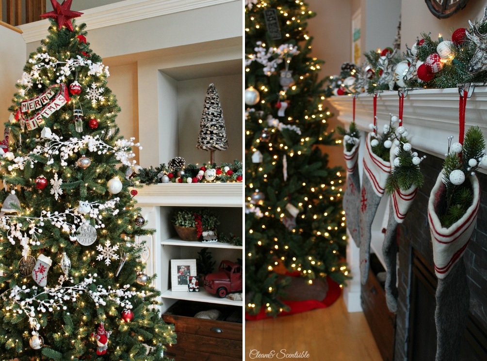 Christmas Tree with White Garland and mantel fireplace decor