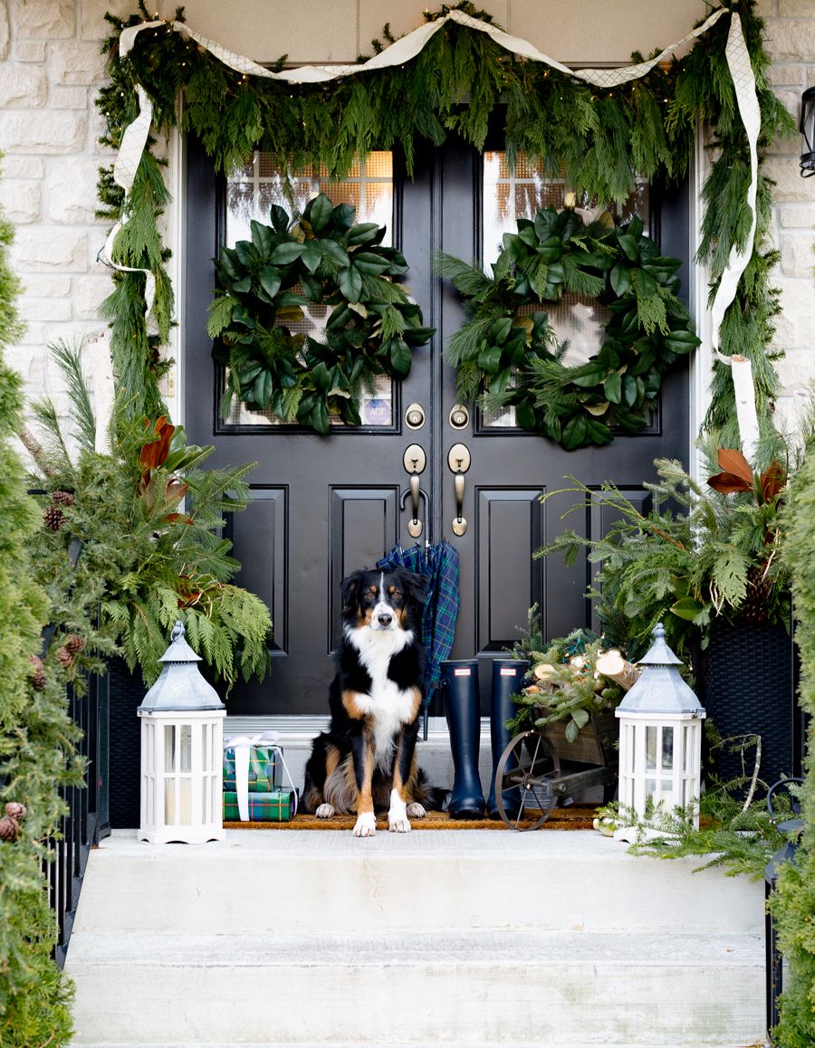 Christmas front porch decor greenery