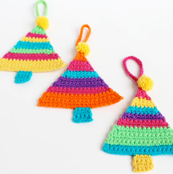 Christmas tree with colorful crochet ornaments