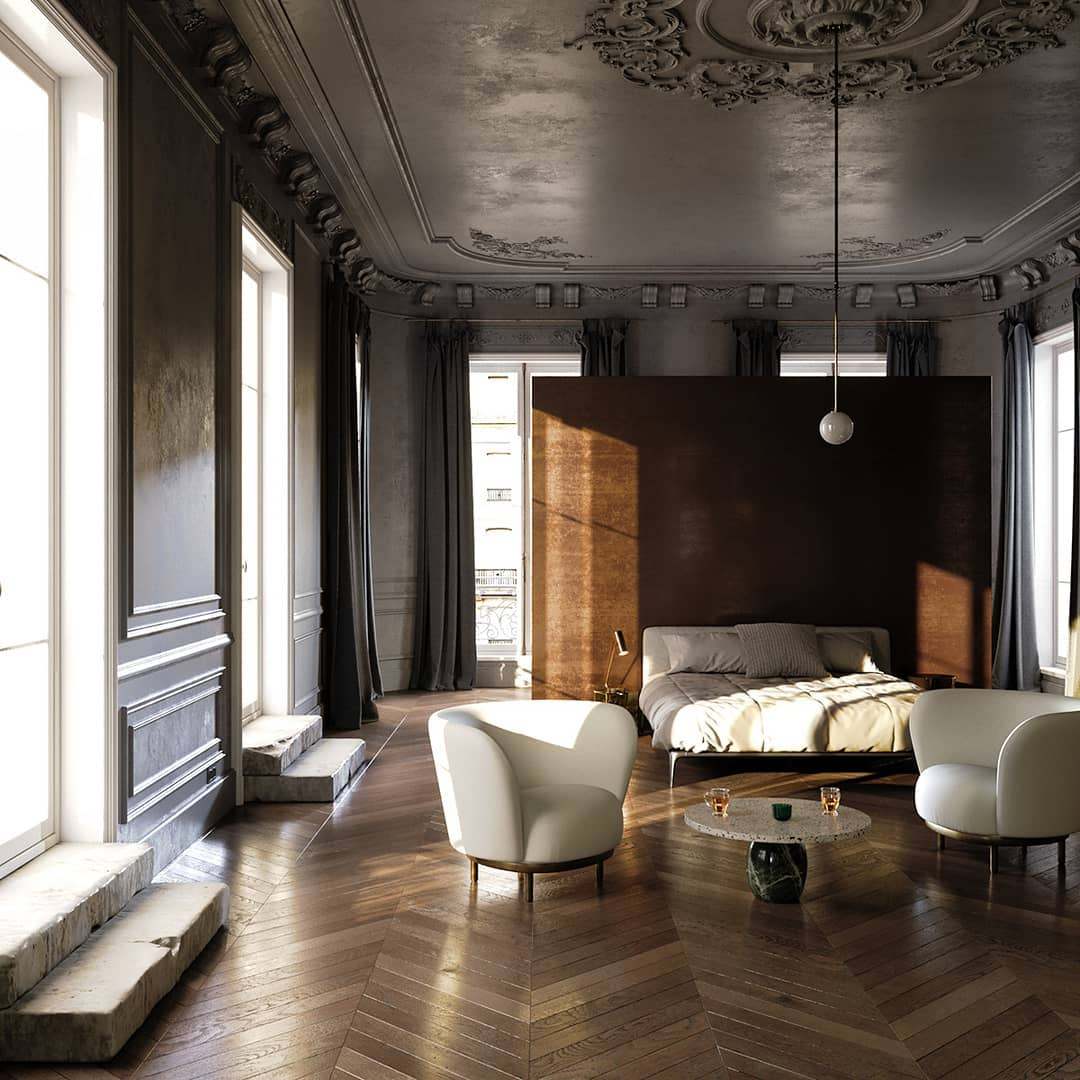 Classic Parisian Bedroom With Dark Accents