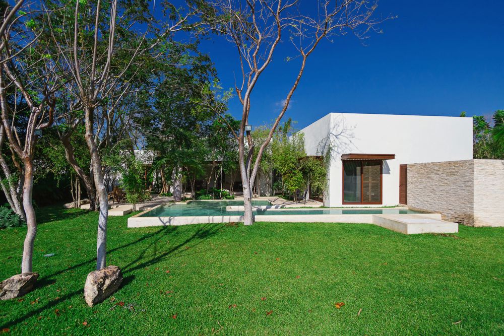 Clean backyard with trees and water feature