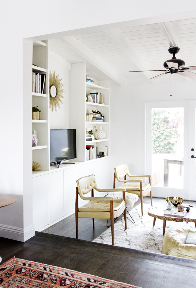 Clean white built in shelves