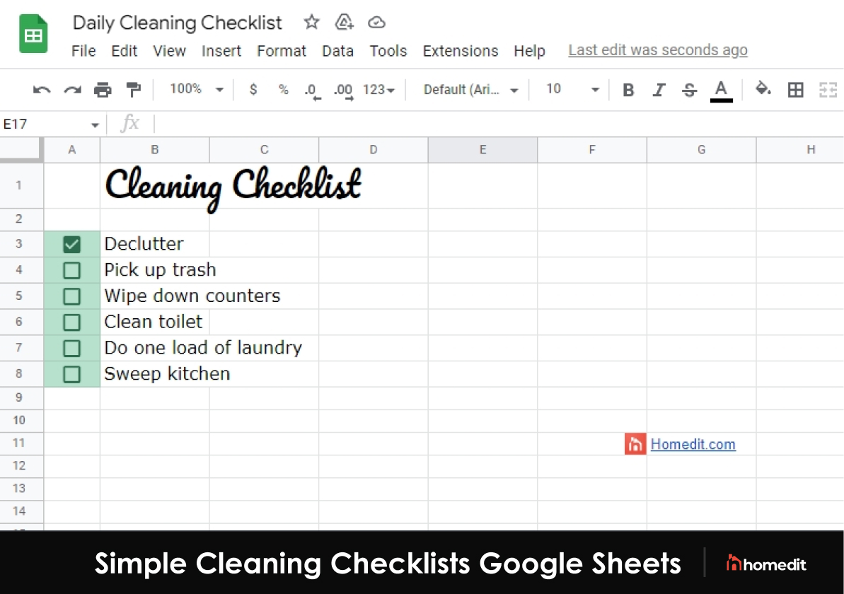 Cleaning Checklist Google Sheets