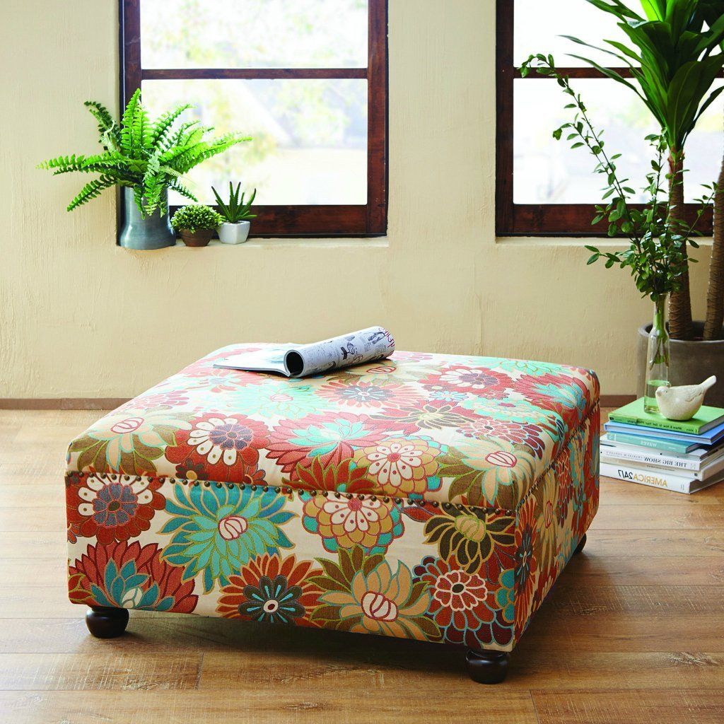 Cocktail Ottoman Coffee Table Cube Flowers Pattern Fabric Footstool Footrest