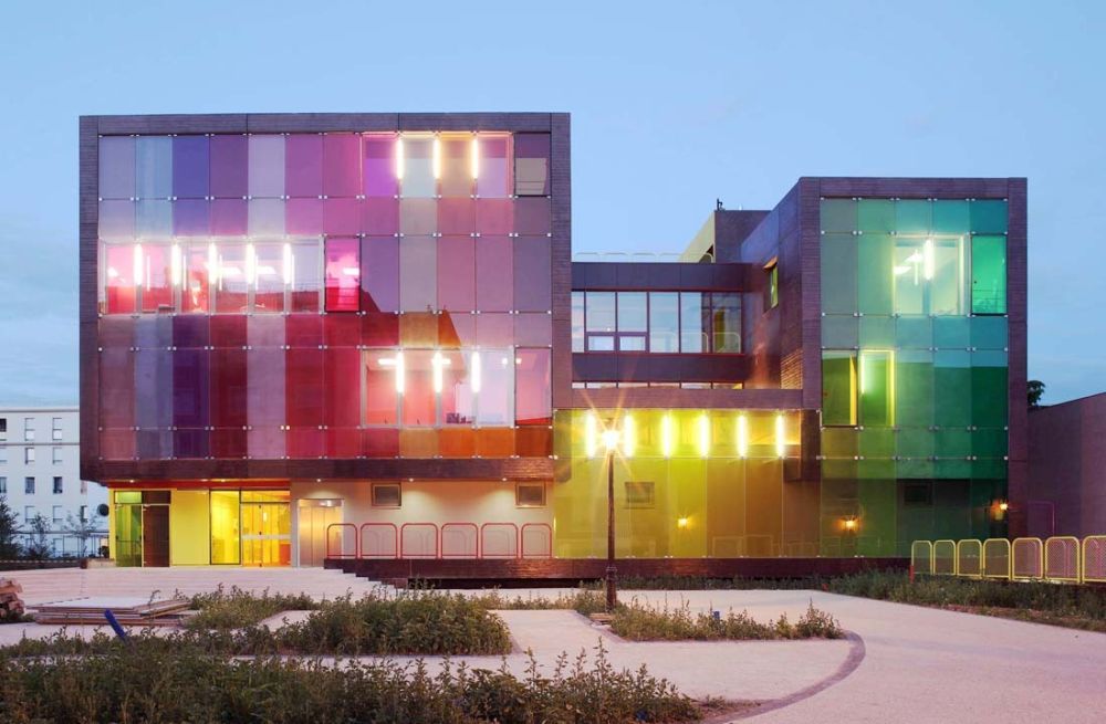 Colored glass facade