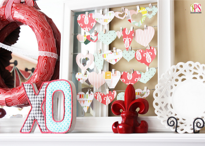 Colorful fireplace mantel decor for Valentines Day