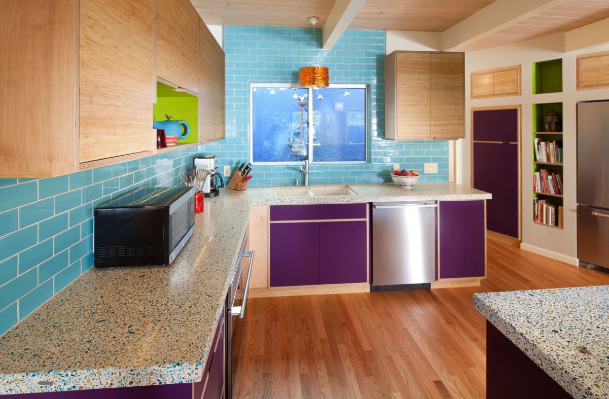 Colorful kitchen layout with purple and turquoise