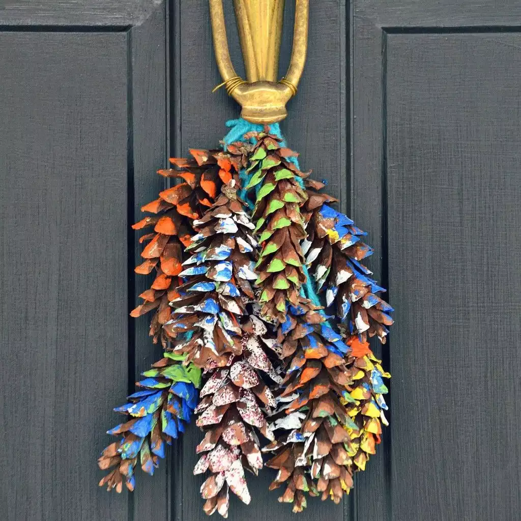 Colorful pine cones front door