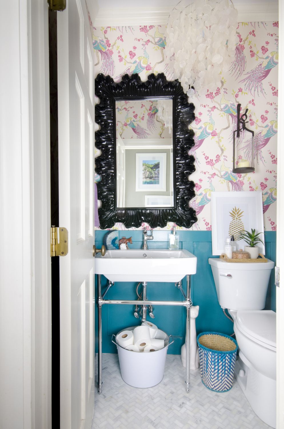 Colorful small powder room decor