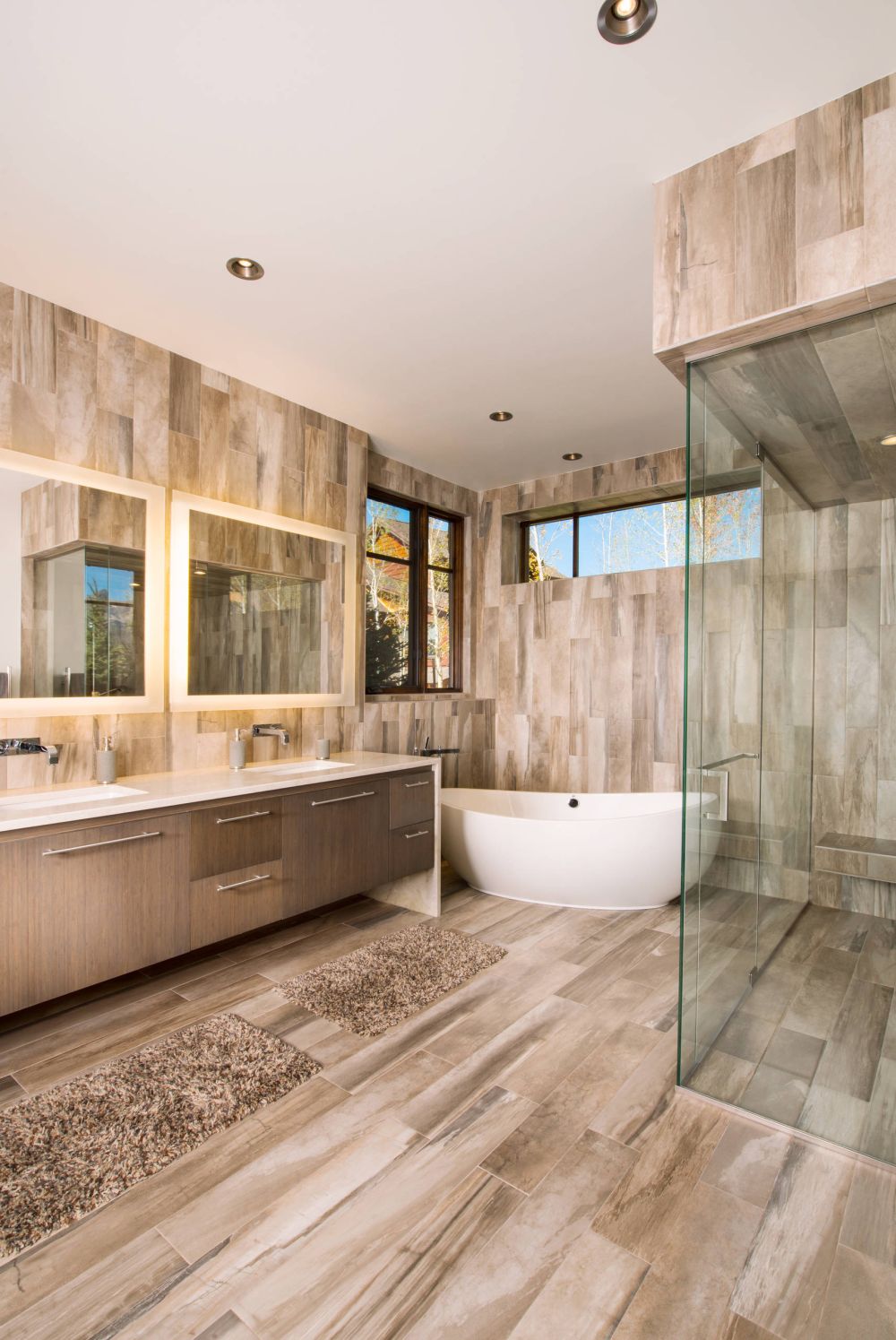 Complete bathroom with wood marble tile