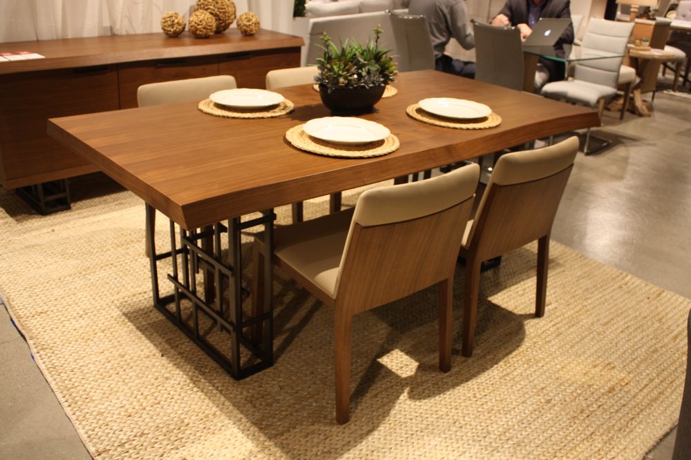 Complex dining table base and solid wood top