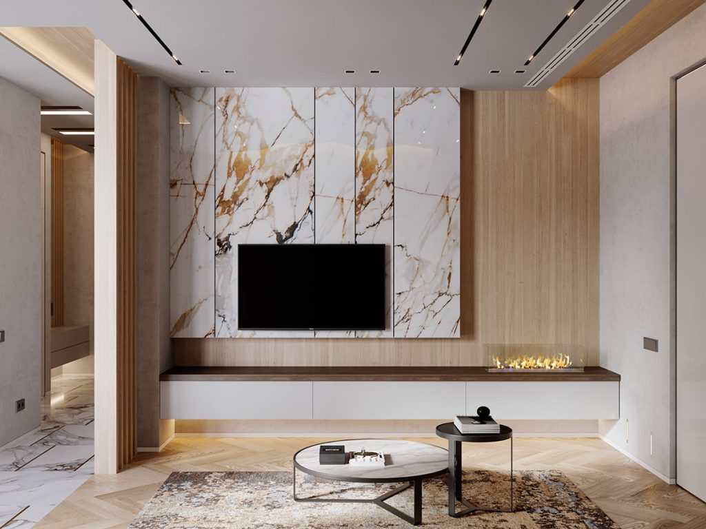 Consider A Marble Slab Background decorate around mounted TV