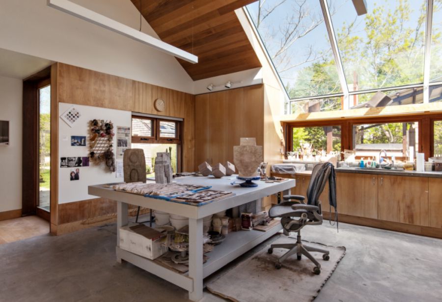 Art studio with ceiling light