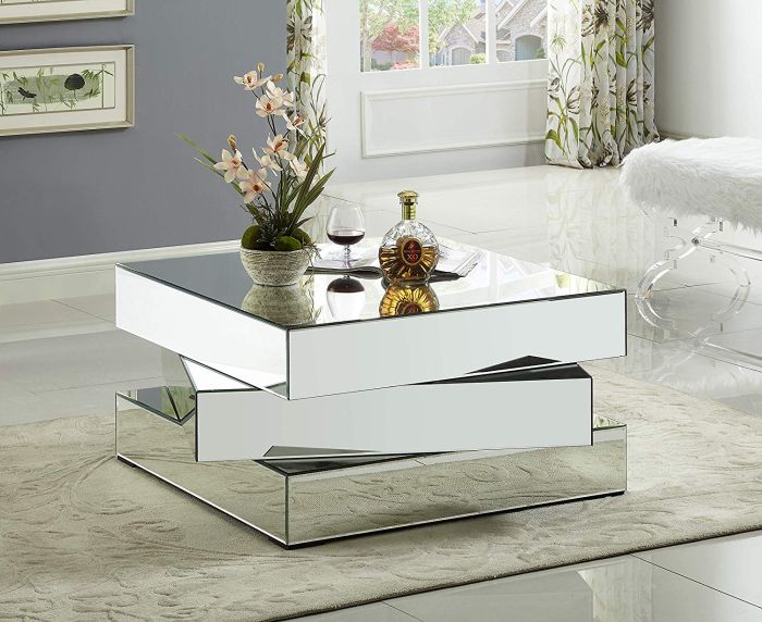 Contemporary Mirrored Coffee Table Featuring a Bold Geometric Design