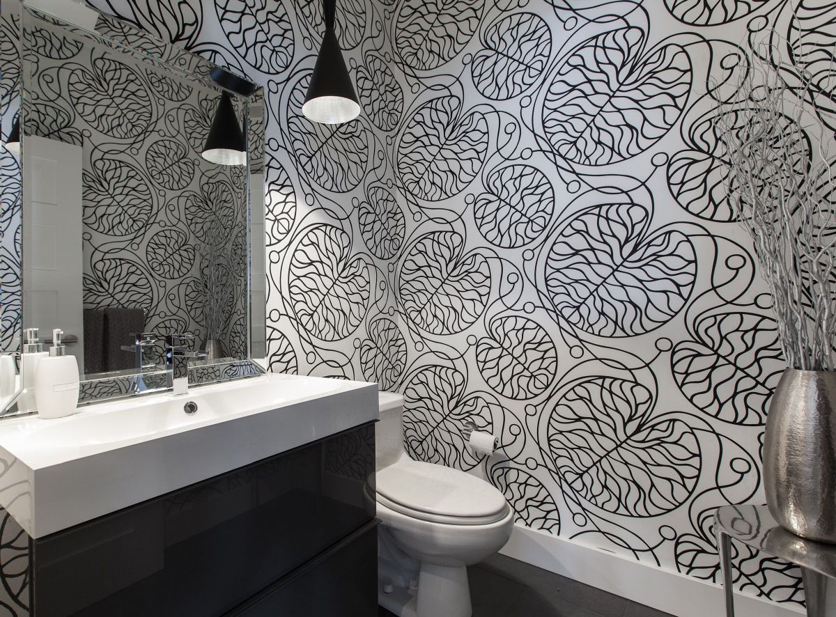 Contemporary bathroom design with black and white wallpaper design