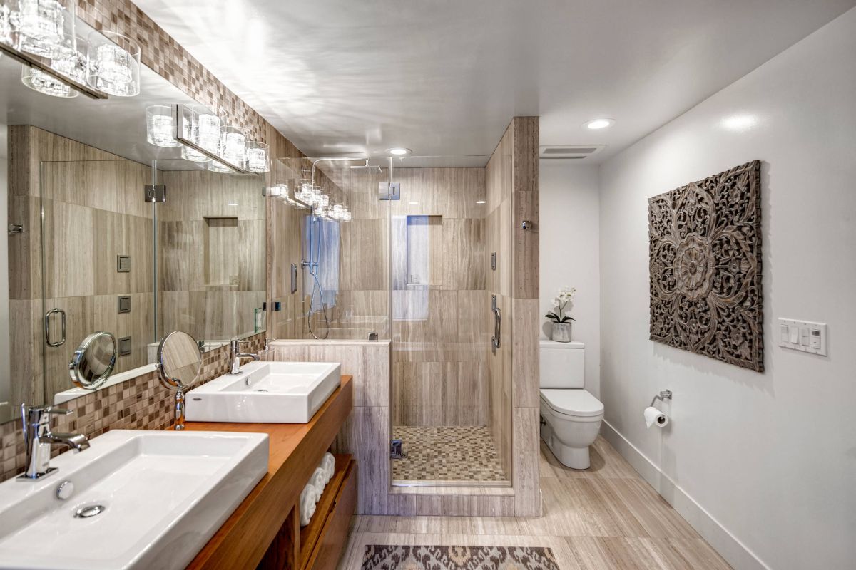 Contemporary bathroom with wood accents