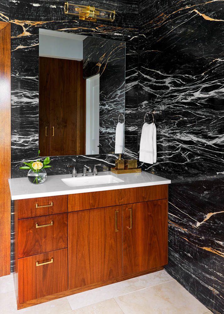 Contemporary bathroom wood sink black marble