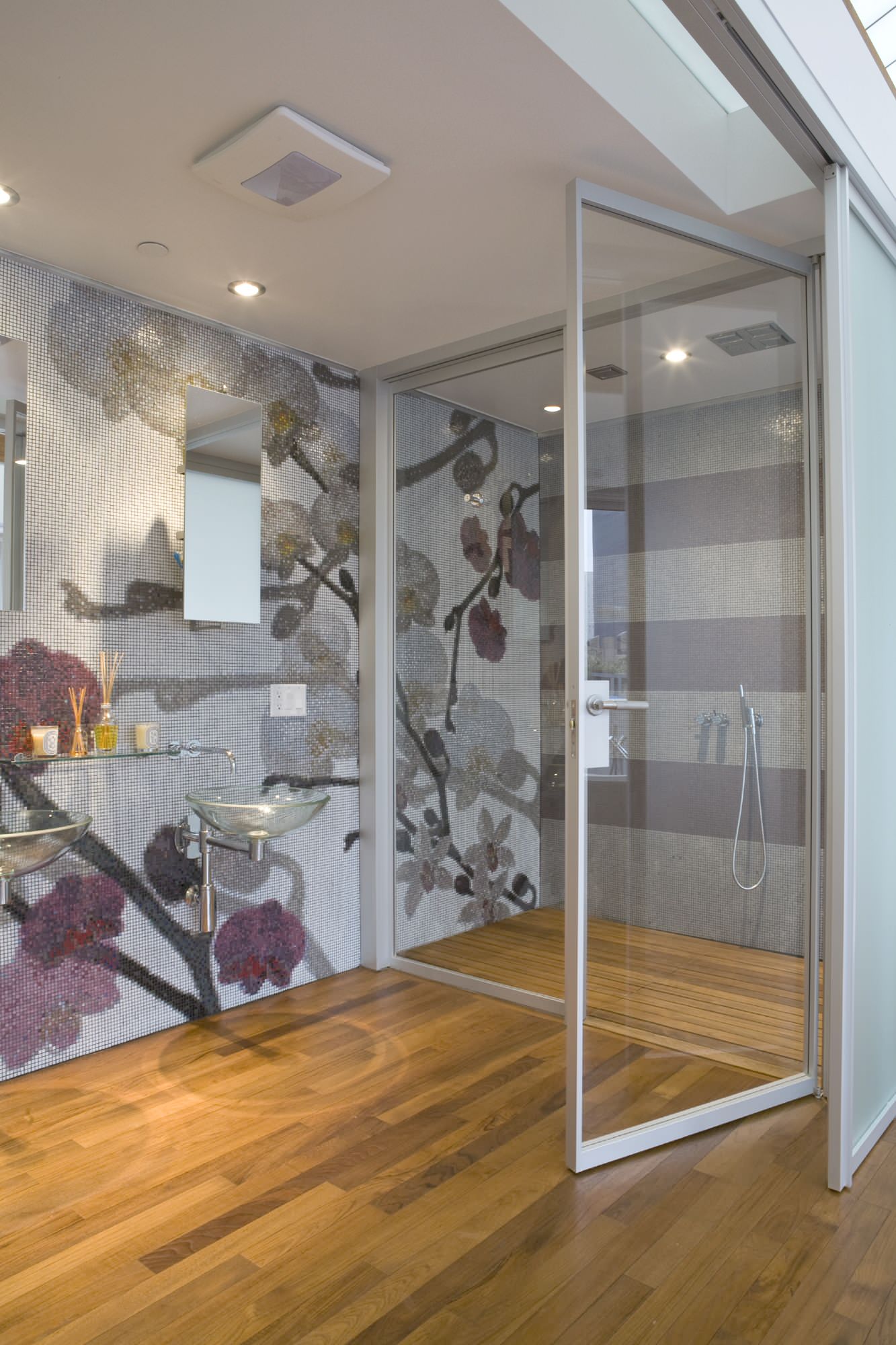 Contemporary bathroom wood tile floor