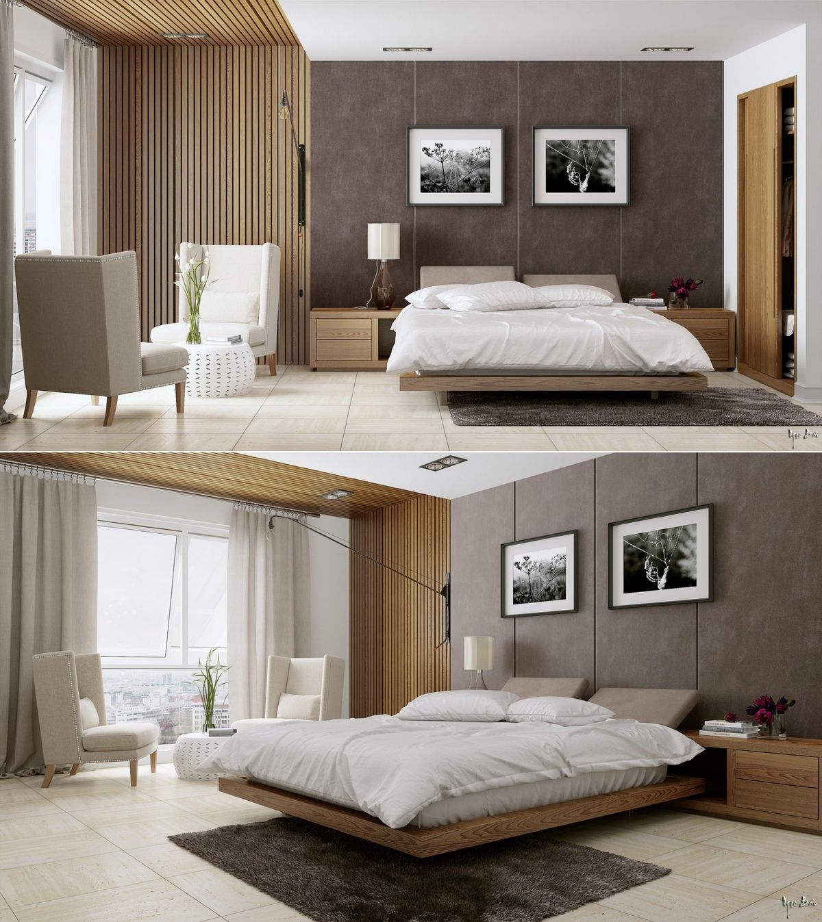 The modernity of this masculine floating bed is moderated by textured wall panels. 