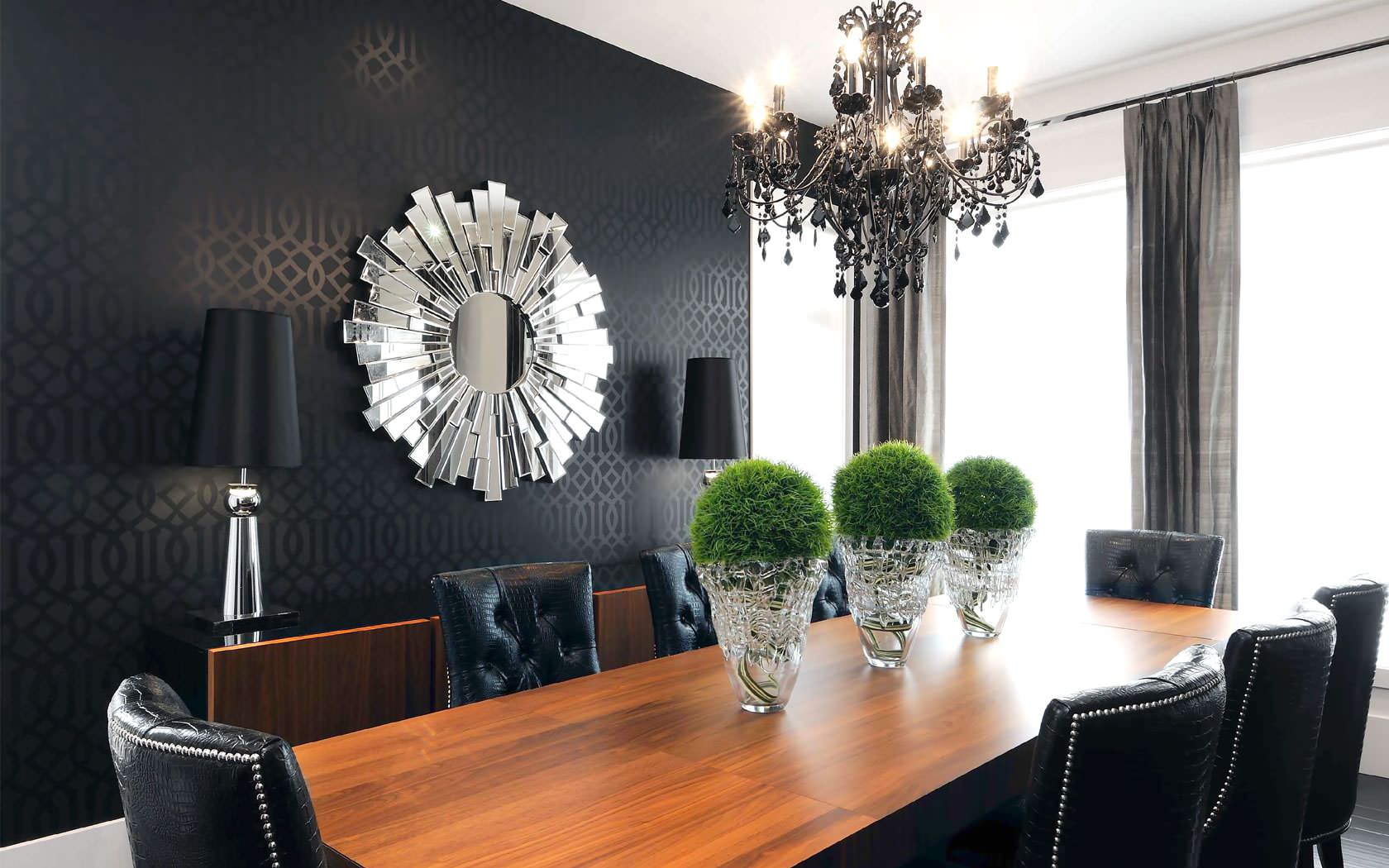 Contemporary dining room black black wallpaper