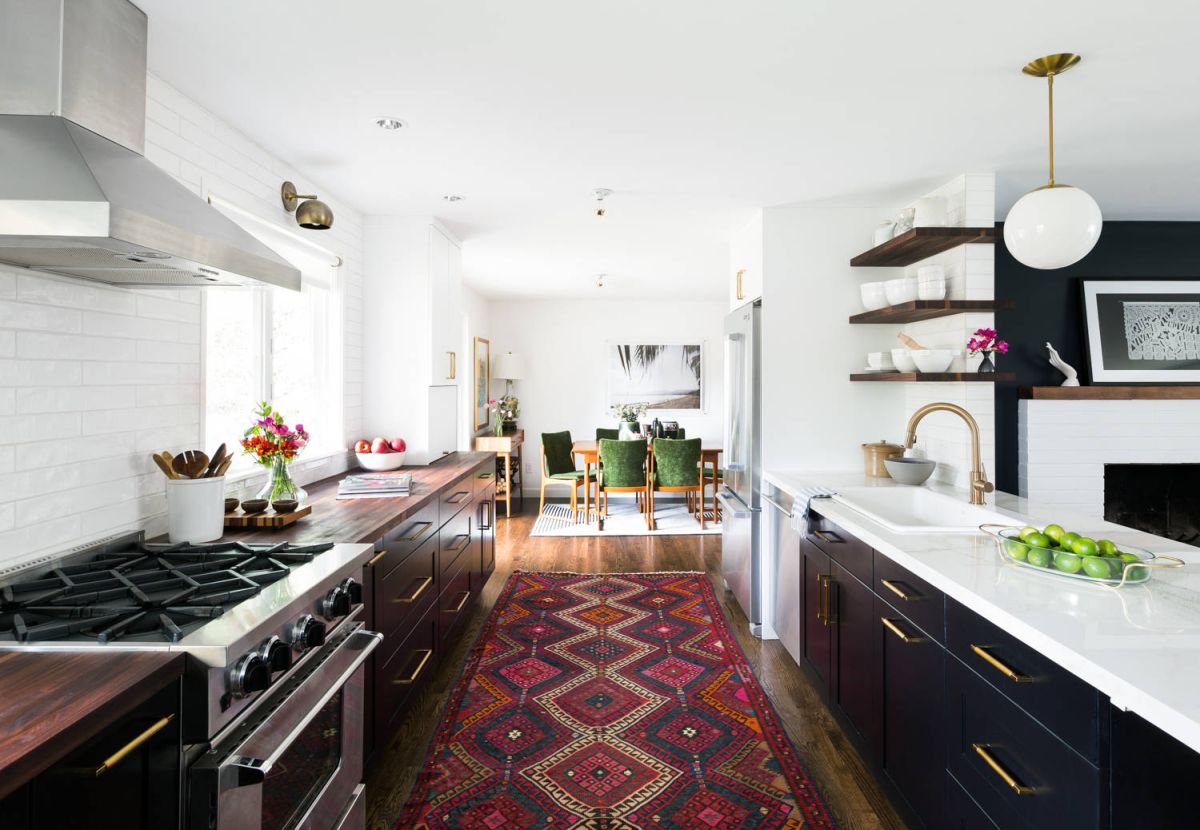 Add a rug to a galley kitchen for a pop of color.