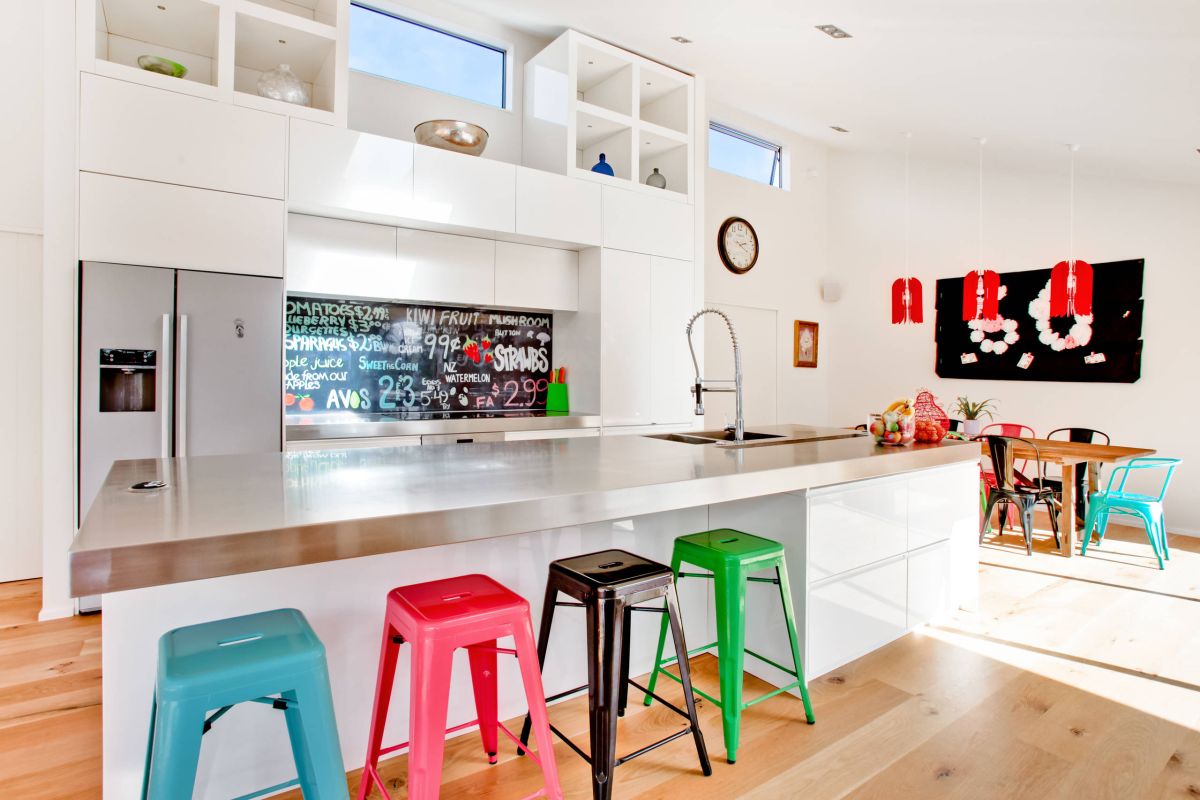 Contemporary kitchen with colorful drawer stools