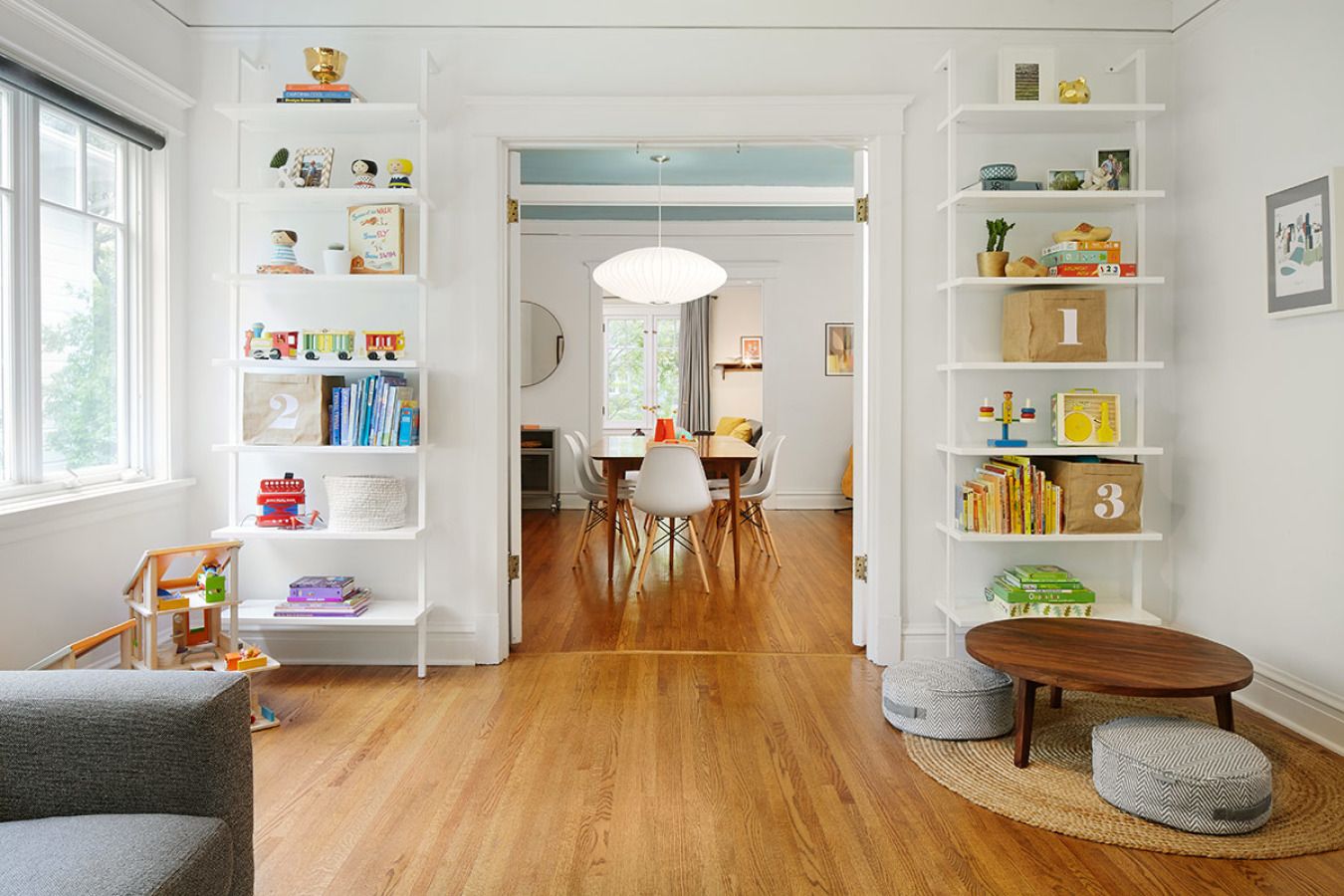 Contemporary living room with open shelves