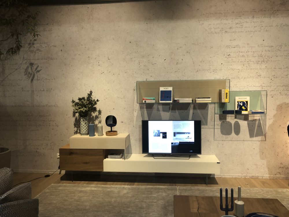 Contemporary wall unit with glass shelves