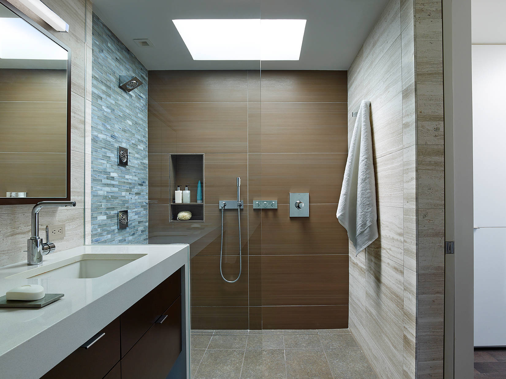 Contemporary wood tile shower wall