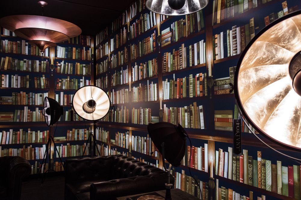 Cool fake home library with wallpaper