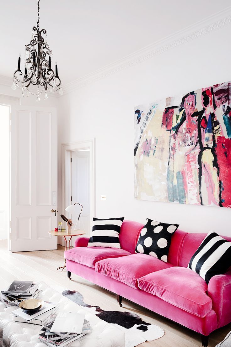 Cool feminine living decor with touches of pink