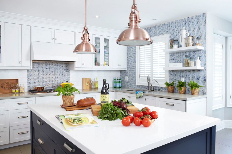 Copper lighting fixture over the kitchen island