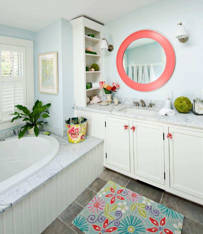 Coral color round bathroom mirror frame