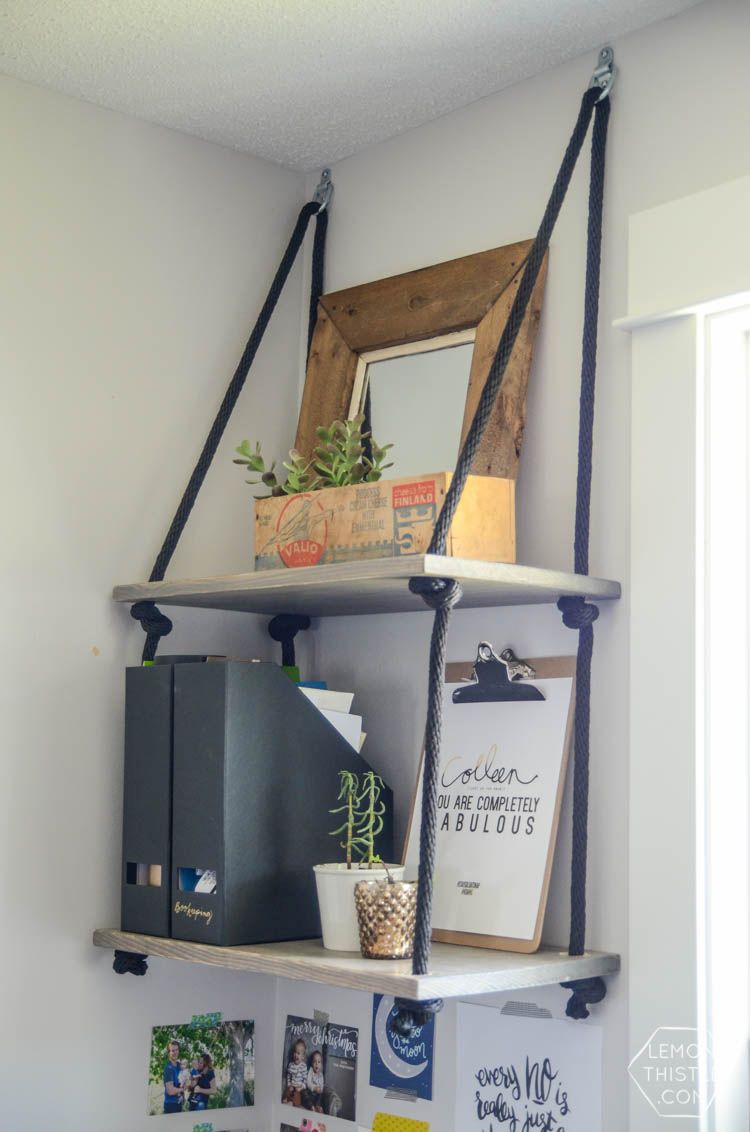 Corner hanging shelves with cords rope