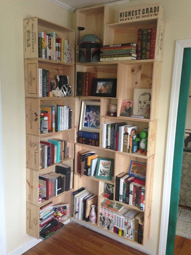 Corner wine crates bookcase